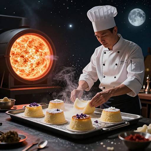 Photograph of a male chef in a white hat and double-breasted uniform, decorating five steaming, snow-dusted cakes under a glowing red sun