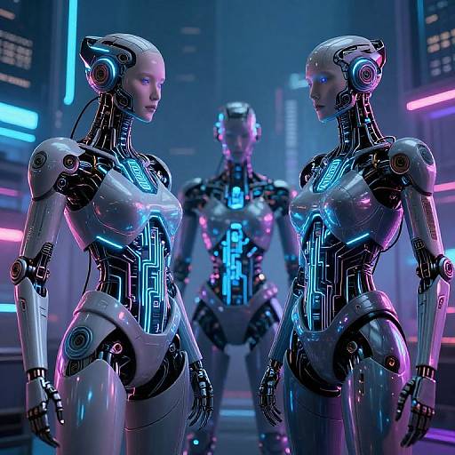 CGI image of three futuristic, neon-lit, humanoid robots with sleek, metallic bodies and blue glowing accents in a cyberpunk cityscape.