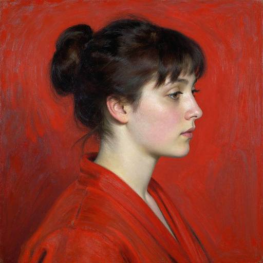 Digital painting of a pale-skinned woman with black hair in a bun, wearing a red robe, profile view against a vibrant red background.