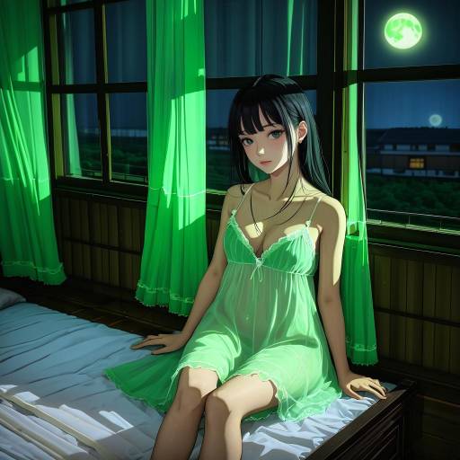 Woman in Green Nightgown by Window at Night