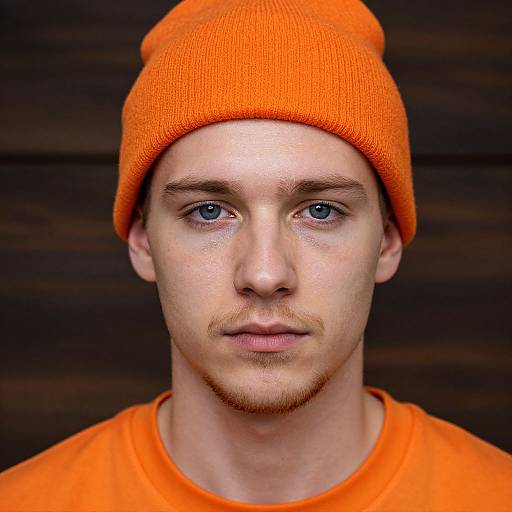 Photograph of a young man with fair skin, blue eyes, and a light mustache wearing an orange beanie and matching orange shirt, against a