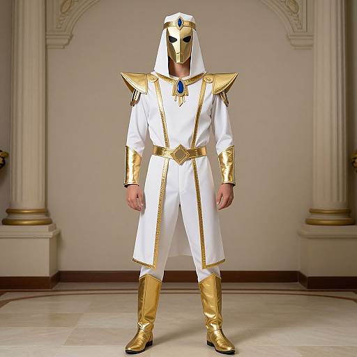 Photograph of a man in an Egyptian-style costume: white tunic, gold armor, blue gem, gold boots, mask, standing in a classical