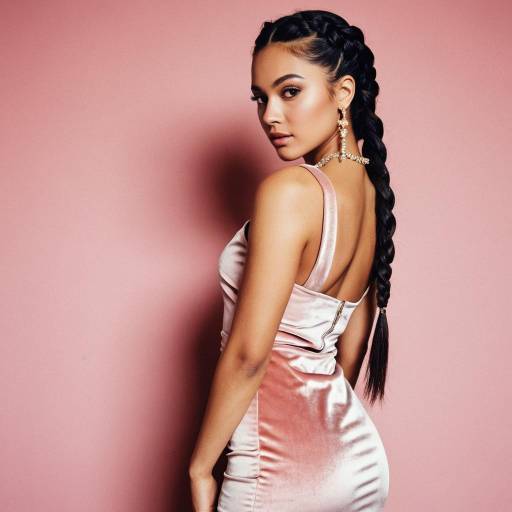 Young Woman in Pink Velvet Dress with Braided Hair