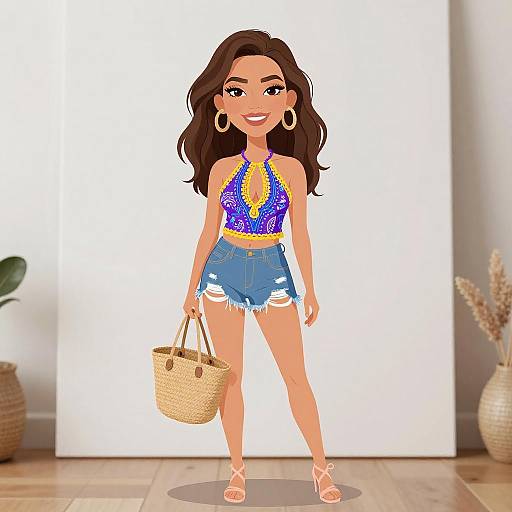 Digital cartoon of a smiling woman with long brown hair, wearing a blue halter top, denim shorts, and strappy sandals, holding a woven basket
