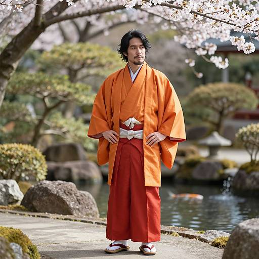 Man in Orange Kimono in Japanese Garden