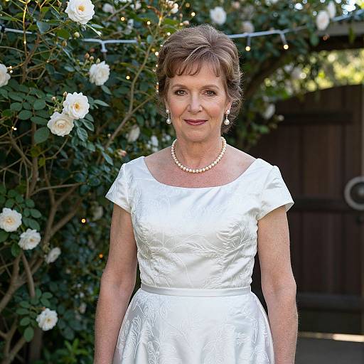 Photograph of a smiling middle-aged woman in a white, short-sleeved, satin wedding dress with pearl necklace, standing in a garden with white