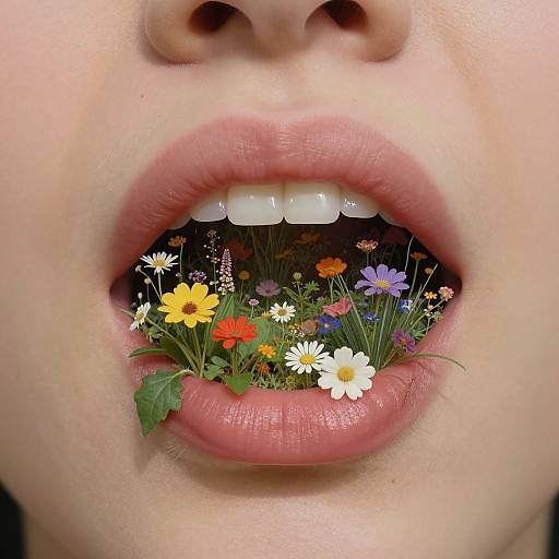 Photograph of a person's open mouth revealing a colorful bouquet of small flowers, including daisies and wildflowers, inside their teeth and lips.