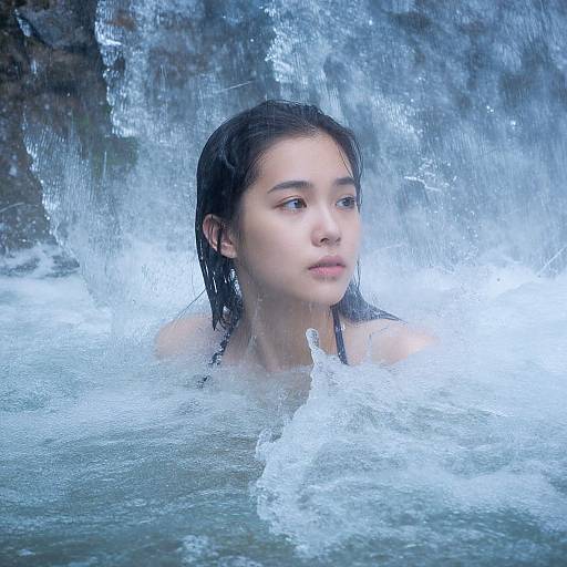 Photograph of a young Asian woman with wet, dark hair, partially submerged in a waterfall, gazing forward with calm expression.