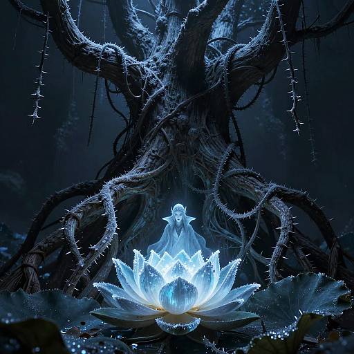 Digital art: Glowing blue lotus flower in front of a dark, twisted tree with sparkling branches, creating a mystical, ethereal atmosphere.