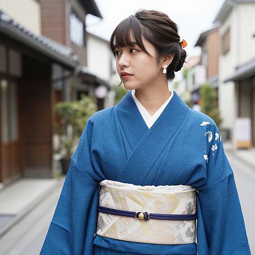 Woman in Blue Kimono on Street