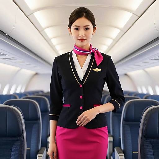 Confident Flight Attendant in Modern Airplane Cabin