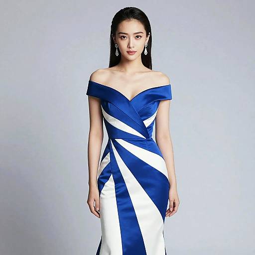 Photograph of an Asian woman with long black hair, wearing an off-shoulder, blue and white geometric-patterned dress, standing against a light