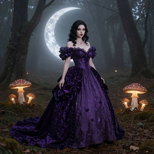 Photograph-style digital art of a pale-skinned woman in a dark purple, off-shoulder Victorian gown, standing in a misty forest with