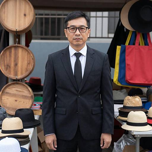 Man in Suit at Outdoor Market Stall