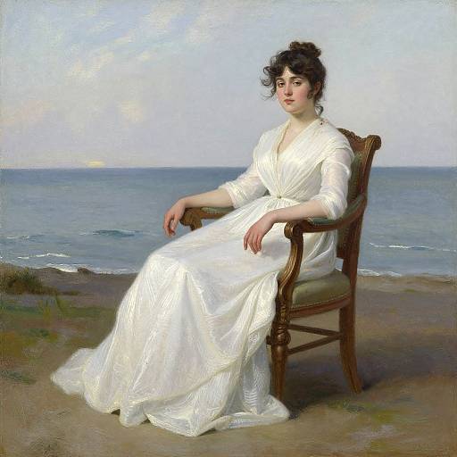 Oil painting of a fair-skinned woman with dark curly hair, wearing a white, flowing gown, seated on a wooden chair by the sea.