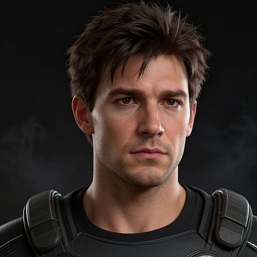 Photorealistic CGI portrait of a handsome, serious-looking young man with spiky brown hair, wearing a black tactical vest, against a dark background.