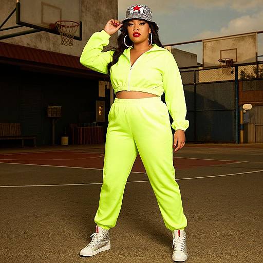 Photograph of a confident woman in neon yellow tracksuit, white sneakers, and black-and-white cap, posing on an outdoor basketball court.