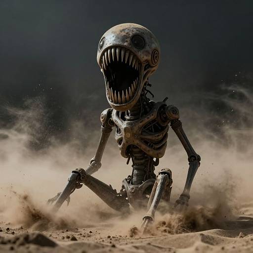 Photorealistic CGI of a menacing, skeletal robot with a giant, open-mouthed grin, sitting in a dusty, dark desert, surrounded by swirling