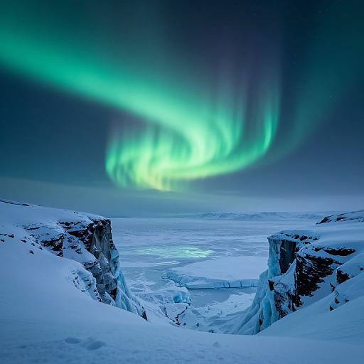 Photograph of a snowy Arctic landscape with towering cliffs, under a vibrant green and blue aurora borealis in a clear night sky.