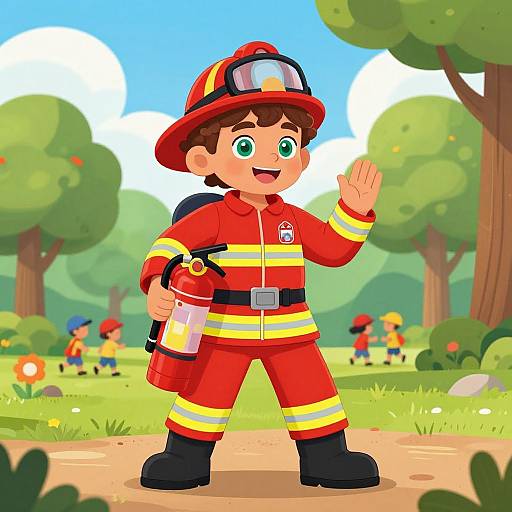Cartoon image of a young boy firefighter with red uniform, helmet, and gloves, waving, holding a fire extinguisher, standing on a path in