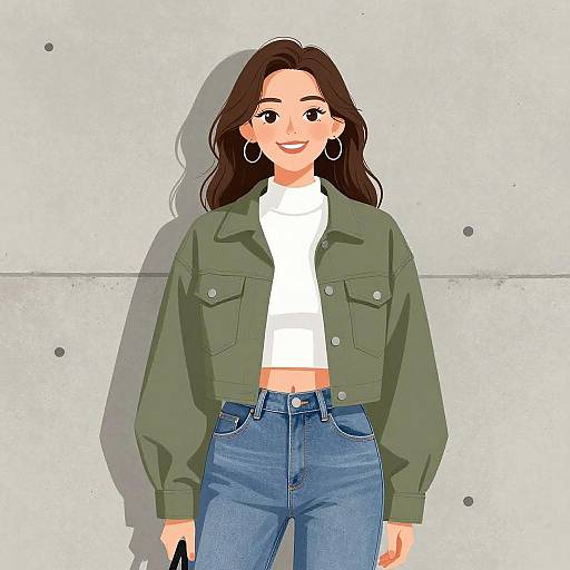 Digital illustration of a smiling woman with long brown hair, wearing a green jacket, white crop top, blue jeans, and hoop earrings, standing against a