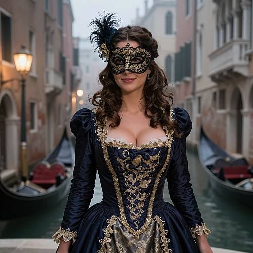 Photograph of a woman with curly brown hair, wearing an ornate black masquerade mask, and a detailed black and gold Renaissance-style dress,