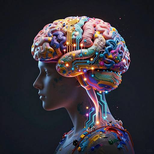 Digital art of a woman with a glowing, multicolored, cybernetic brain and circuitry against a dark background. Bright neon lights highlight her