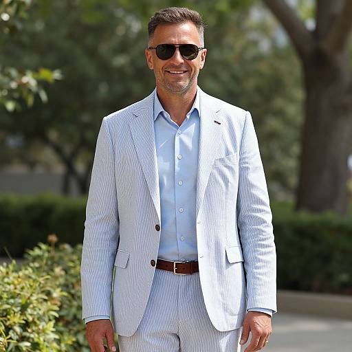 Photograph of a smiling middle-aged man with short dark hair, wearing black sunglasses, a light blue pinstripe suit, white shirt, and brown