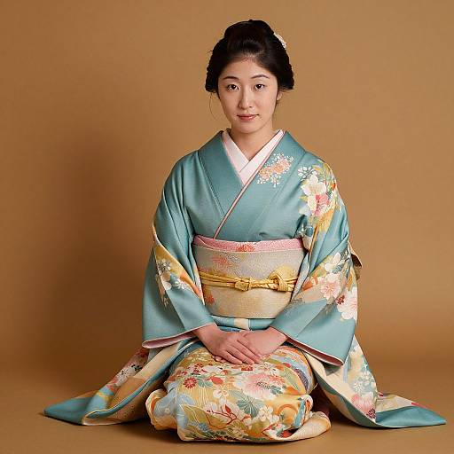 Photograph of an Asian woman with fair skin, black hair in an updo, wearing a blue floral kimono with yellow obi, seated on