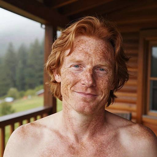 Photograph of a smiling, freckled, red-haired, shirtless middle-aged man with light skin, standing on a wooden porch overlooking a mist