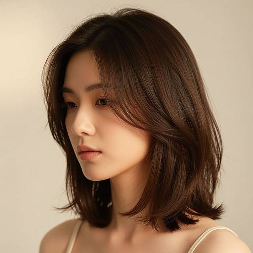 Photorealistic digital portrait of an East Asian woman with shoulder-length, dark brown hair, soft light, neutral expression, wearing a white spaghetti strap top