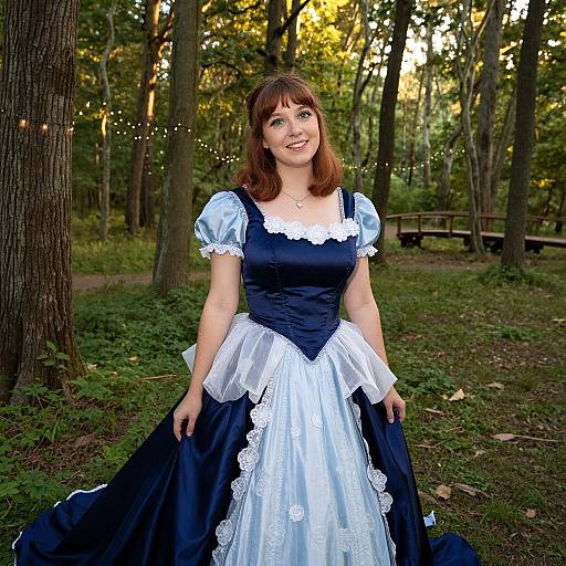 Photograph of a smiling woman with fair skin and brown hair in a blue and white Victorian-style dress, standing in a wooded area with string lights and