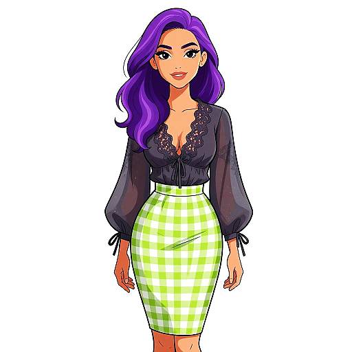 Digital illustration of a confident woman with long purple hair, wearing a black lace blouse and green-and-white checkered skirt.