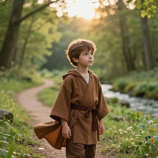 Boy in Brown Robe at Sunrise