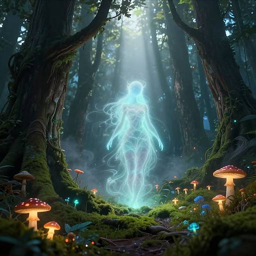 Digital art: Ethereal blue ghost figure standing amidst glowing mushrooms and bioluminescent forest, bathed in moonlight and mist.