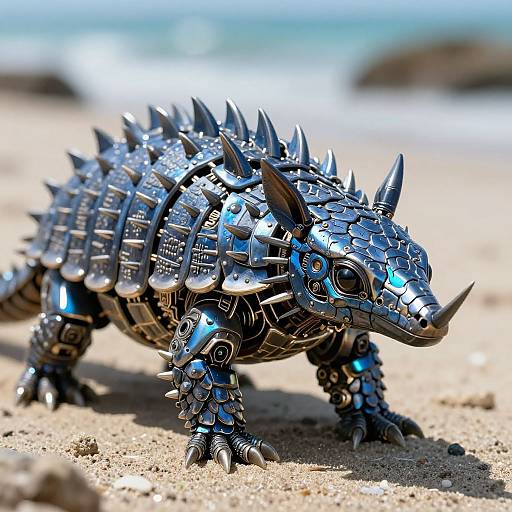 Photograph of a detailed, metallic, spiked, robotic rhinoceros standing on a sandy beach with a blurred ocean background. Bright blue and silver