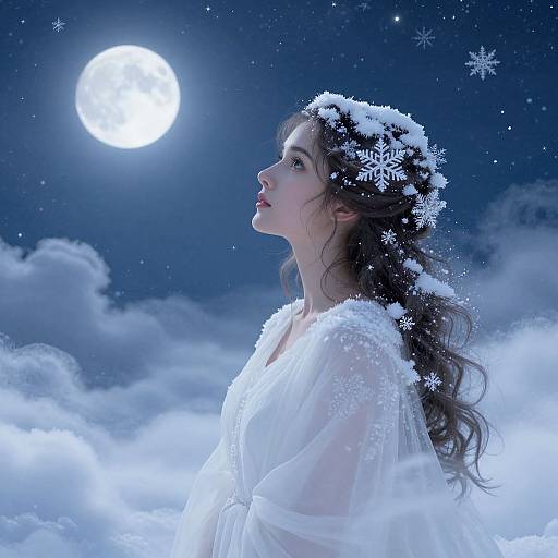 Digital illustration of a fair-skinned woman with long dark hair adorned with snowflakes, wearing a white, snowflake-patterned dress, gazing