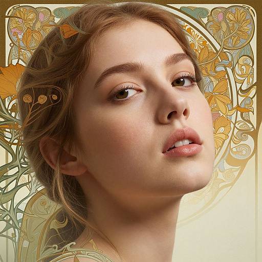Photorealistic portrait of a fair-skinned young woman with light brown hair, delicate features, and soft gaze, set against an ornate, golden