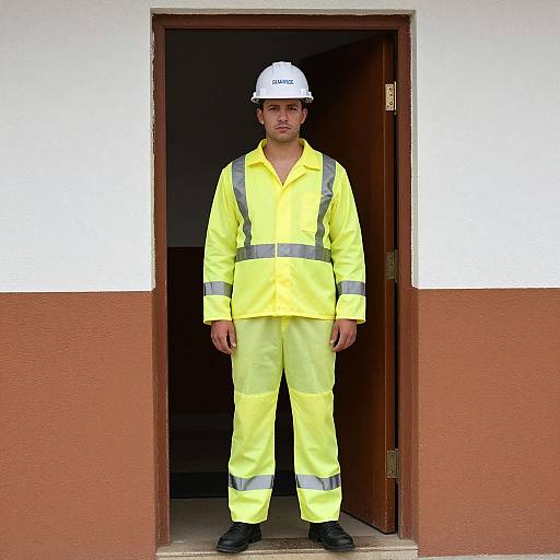 Photograph of a young man standing in a doorway, wearing a white hard hat, yellow safety vest and pants, with gray reflective stripes, and black