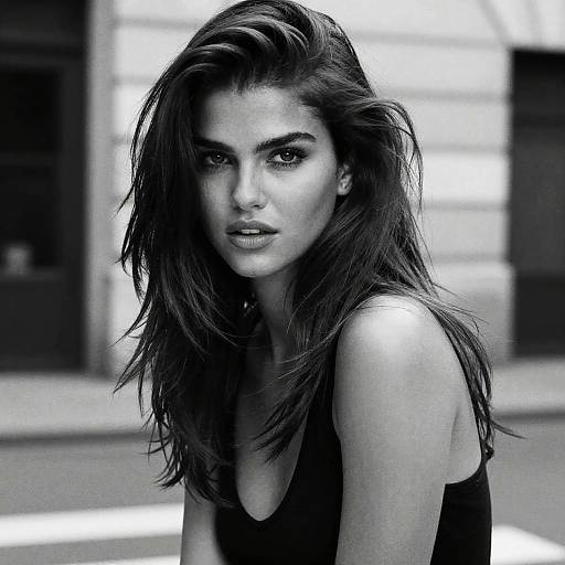 Black-and-white photograph of a serious, intense-eyed young woman with long, tousled dark hair, wearing a sleeveless black top, against a blurred