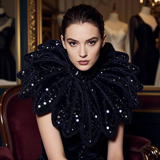 Photograph of a pale-skinned woman with dark hair in an elegant updo, wearing a dramatic black sequined ruffle top, in a luxurious