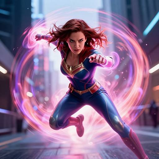 Digital artwork of a fierce, red-haired woman in a blue superhero suit with gold accents, mid-air, surrounded by vibrant pink energy, in a neon