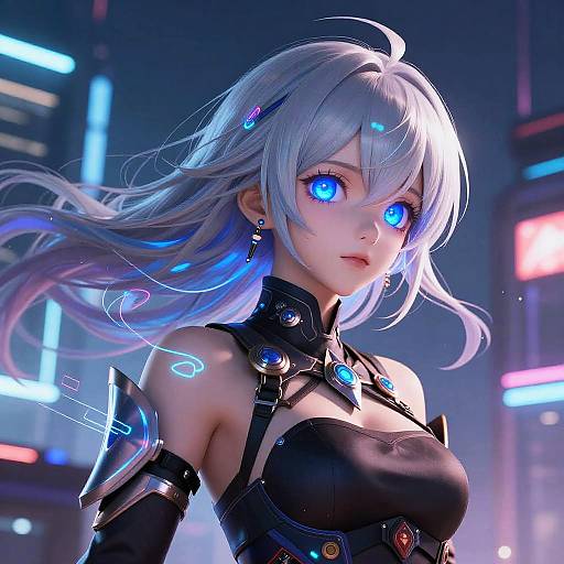 Digital anime-style artwork of a silver-haired, blue-eyed woman with glowing eyes, wearing a black, futuristic, strapless leather outfit, set against a