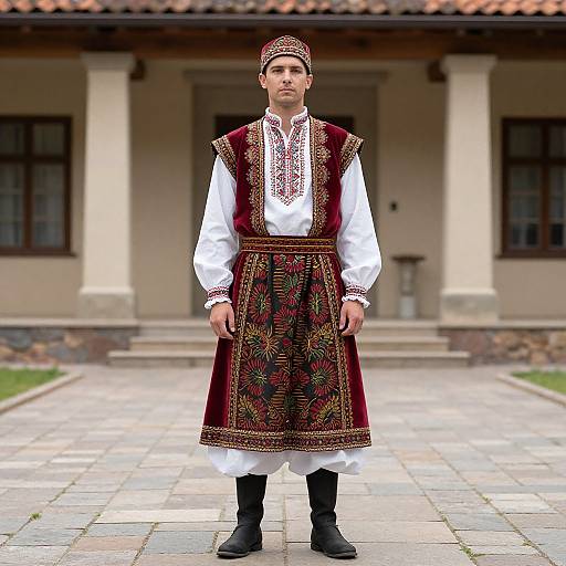 Photograph of a young man in traditional Eastern European folk attire, white shirt, red embroidered vest, white pants, black boots, and matching hat,