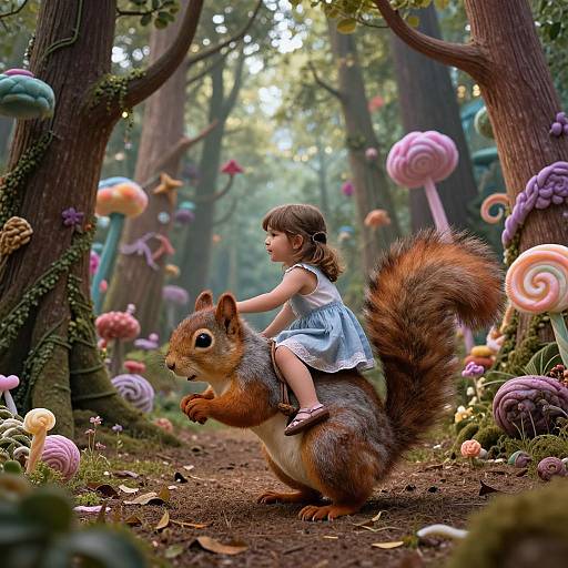 Photorealistic digital art of a young girl in a blue dress riding a large, fluffy red squirrel through a whimsical forest with oversized, colorful candy
