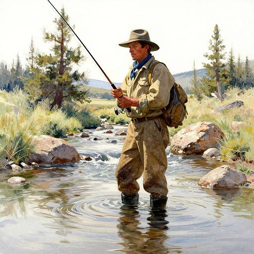 Photograph of a man in beige waders, hat, and fishing vest, standing in a shallow stream, casting a fishing rod, surrounded by rocks