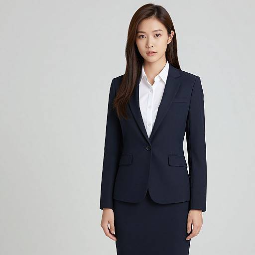 Photograph of an Asian woman with long dark hair, wearing a black blazer and white shirt, standing against a plain white background.