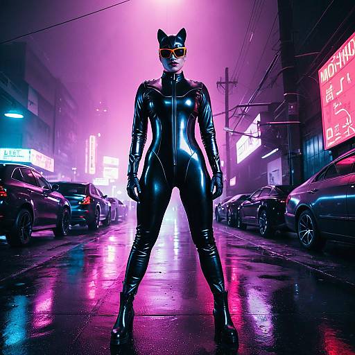 Mysterious Woman in Leather Catsuit on Neon Street