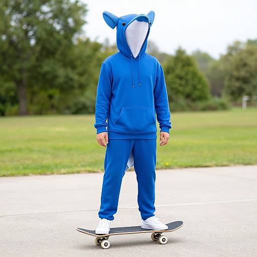 Photograph of a person wearing a blue shark hooded onesie, with a white head, standing on a skateboard in a grassy park.
