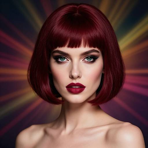 Digital portrait of a pale-skinned woman with striking blue eyes, bold red bob haircut, and dark red lipstick, set against a vibrant, radiant background